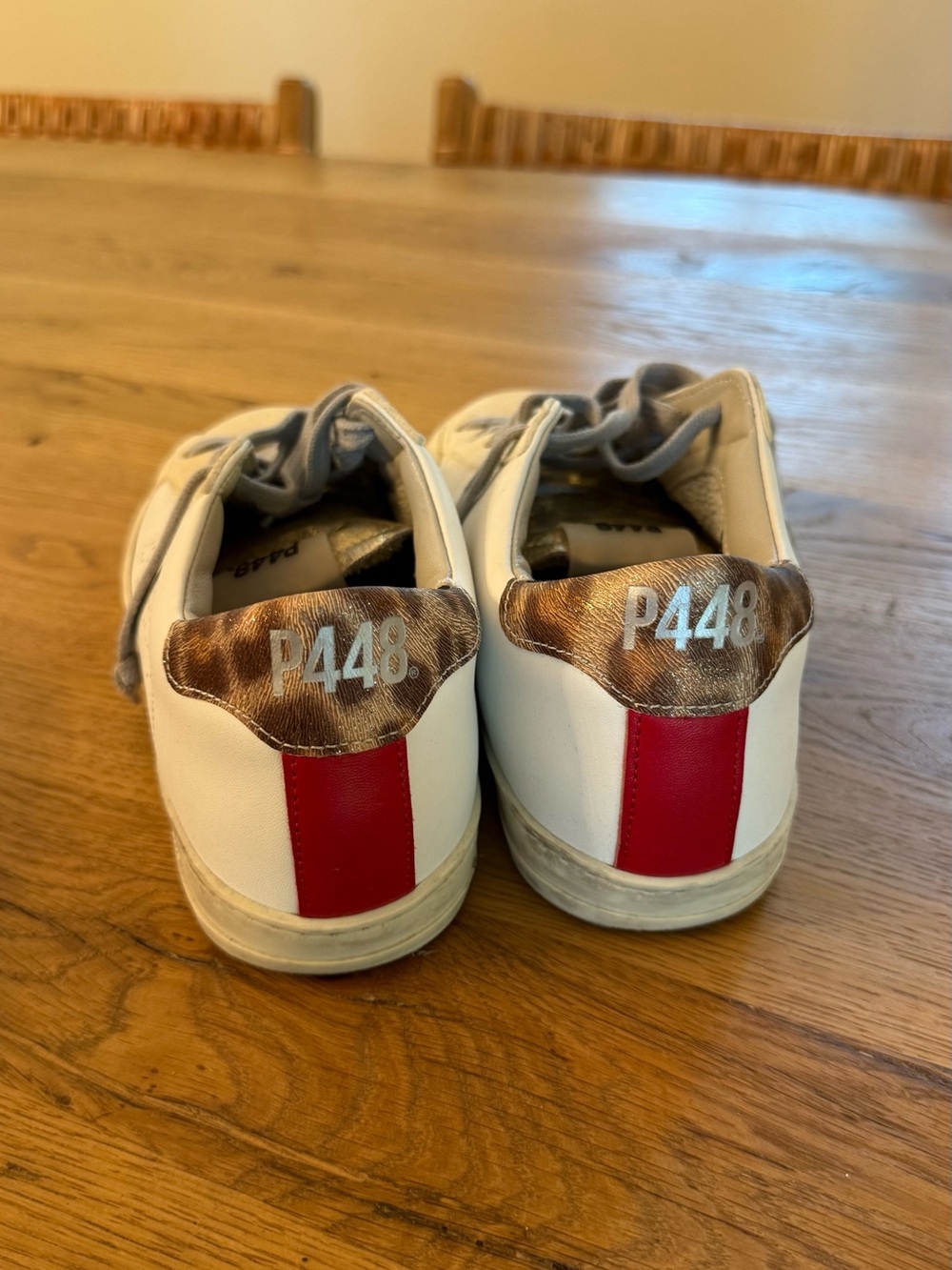 P448 Women's White Leather Sneakers with Leopard Heel